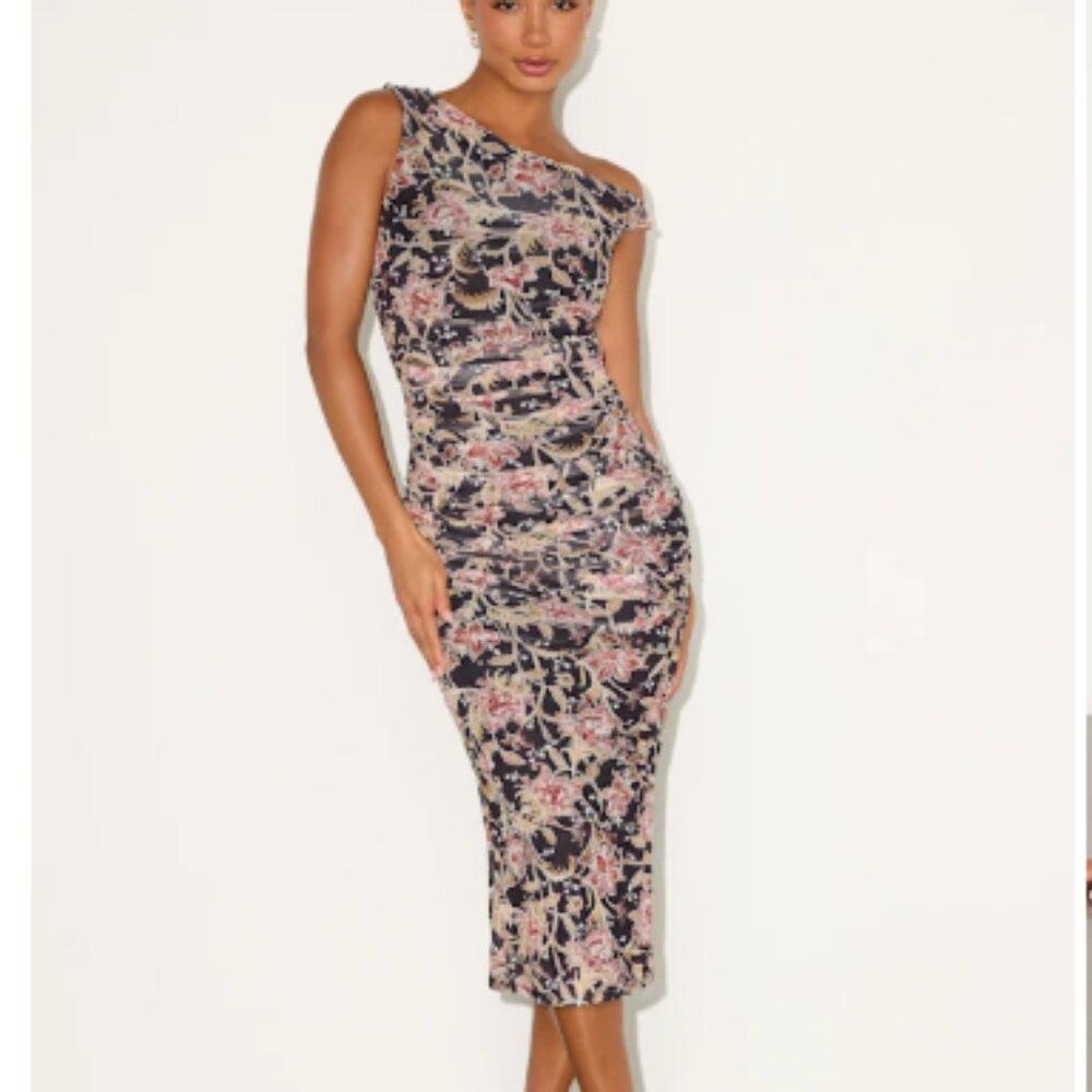 Mizela Black Floral Mesh One-Shoulder Midi Dress Lulus - Black Floral